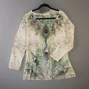 indigo soul White Tunic with Green and Purple Peacock Motif